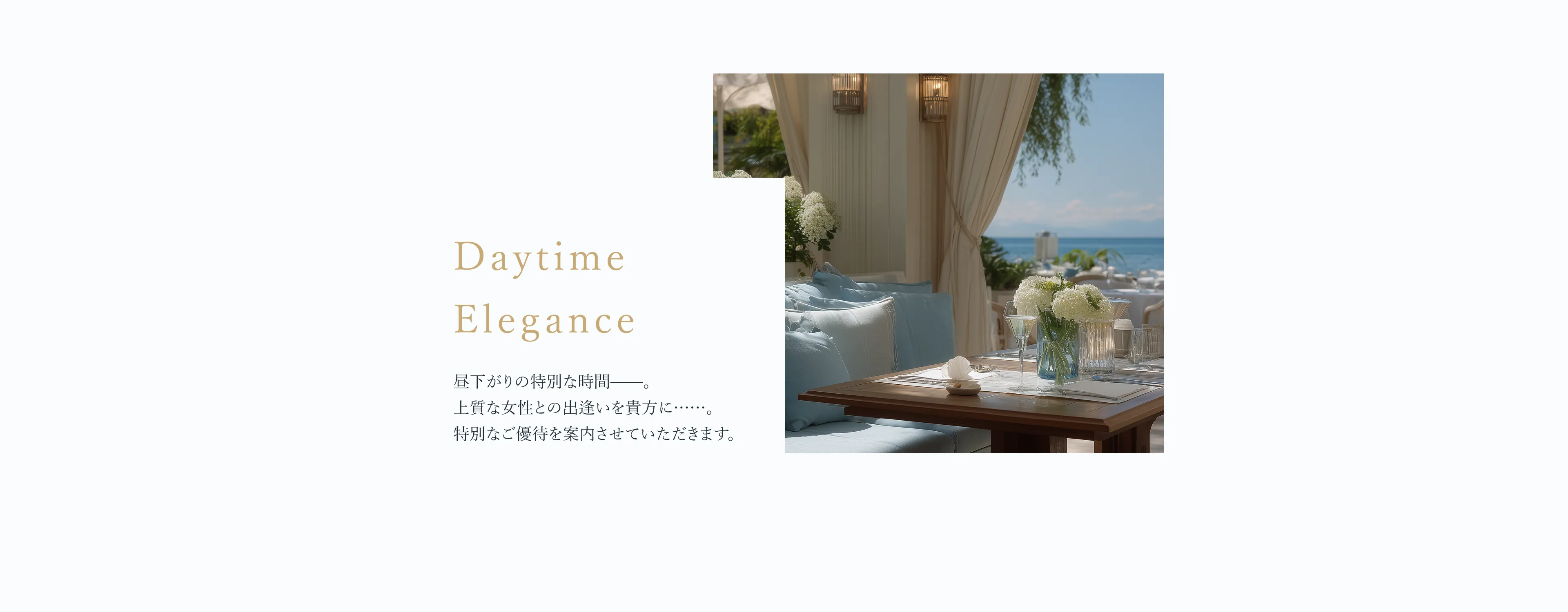 昼下がりの特別な時間——。上質な女性との出逢いを貴方に……。特別なご優待を案内させていただきます。